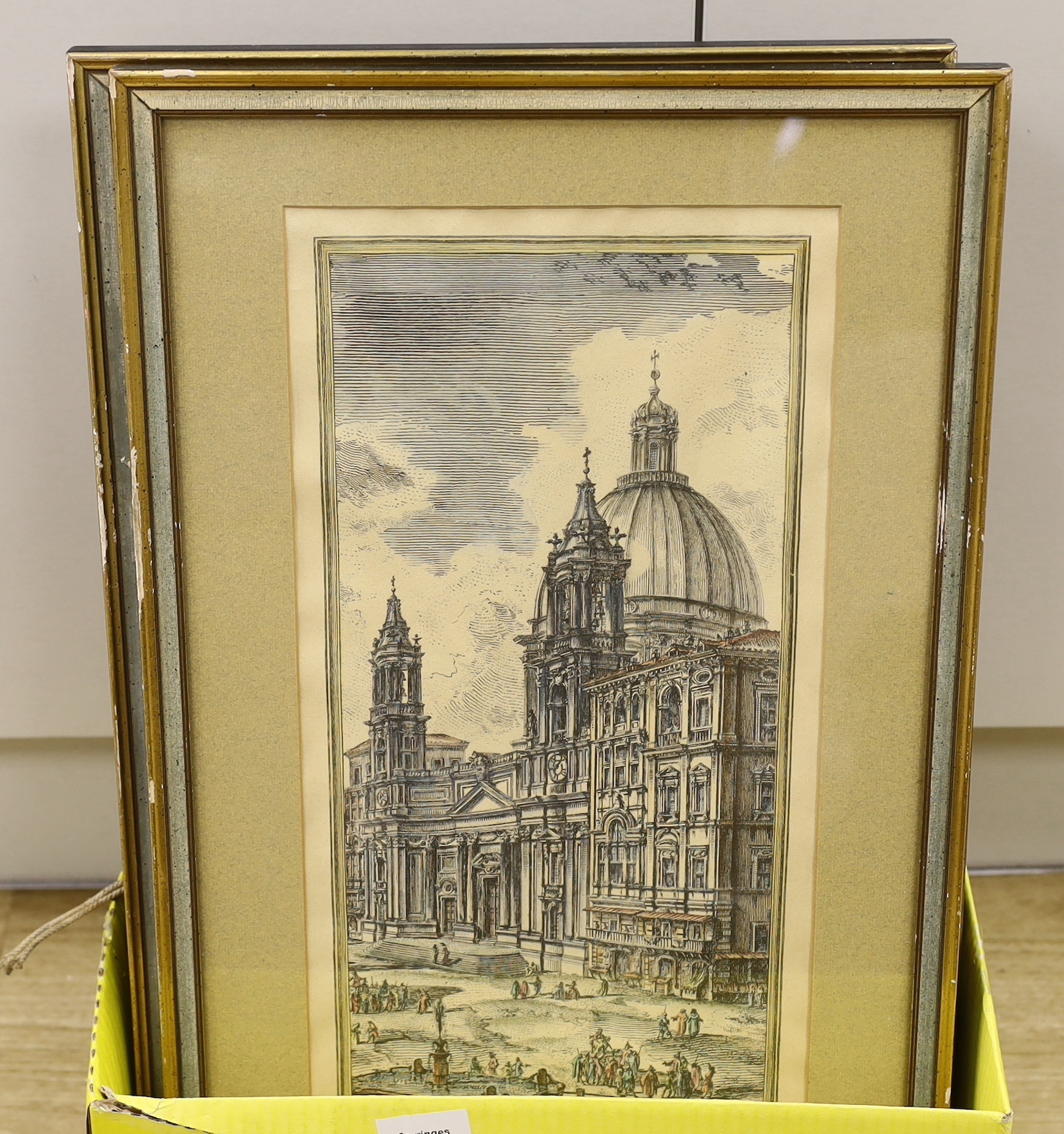 Seven 18th century and later prints & engravings, including after Piranesi, pair of hand coloured examples, comprising ‘Veduta Del Pantheon D'Agrippa’ and ‘Piazza Navona’ and after Jacobus Houbraken (1698-1780), Portrait